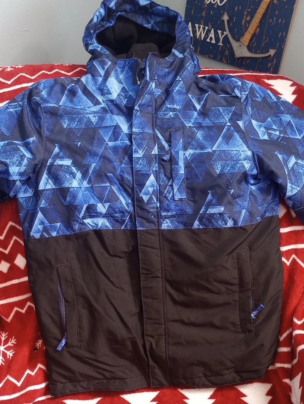 Place Blue Geometric Hooded Puffer Jacket with Black Panel